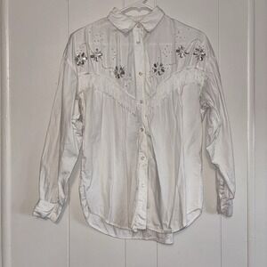 Vintage Western White Studded Fringe Button Up Women's At Last Studio Size Med